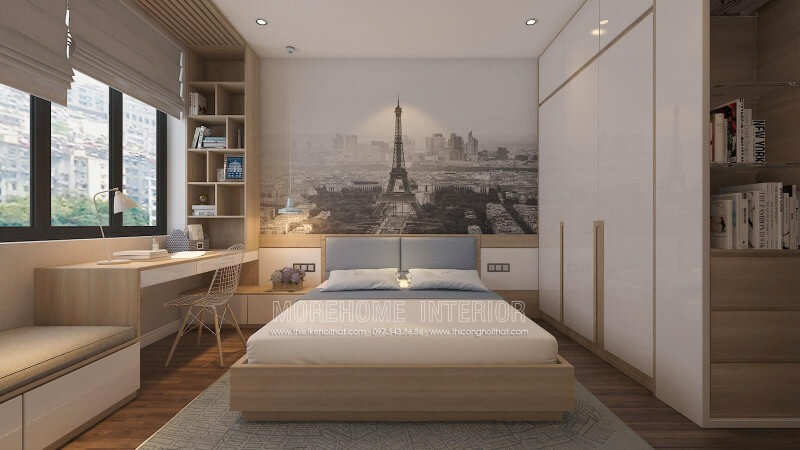Tranh dán tường đen trắng đẹp ấn tượng với địa danh tháp Effel nổi tiếng, lựa chọn ấn tượng cho tâm điểm phòng ngủ hiện đại. Thiết kế chung cư