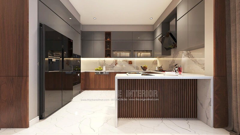 Thiết kế nội thất phòng bếp độc đáo từ gỗ acrylic cao cấp kết hợp cùng đá ốp bếp sang trọng. Thiết kế phòng bếp, tủ bếp đẹp