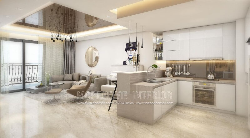 Ý tưởng thiết kế mẫu tủ bếp chung cư bằng gỗ Acrylic màu trắng chủ đạo kết hợp đá ốp bếp nhân tạo solid surface LG tạo nên một không gian bếp hiện đại và sang trọng Tủ bếp gỗ, tủ bếp gỗ tự nhiên, tủ bếp tân cổ điển