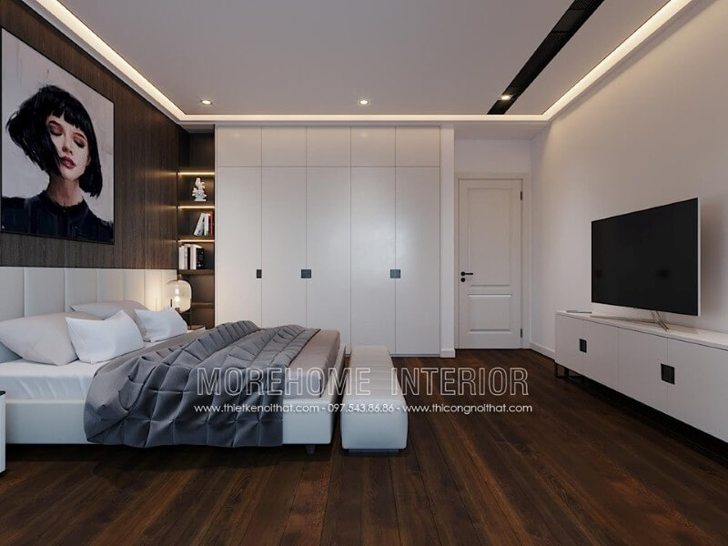 Bố trí nội thất phòng ngủ hiện đại ấn tượng với sàn gỗ óc chó cao cấp sang trọng. Thiết kế chung cư