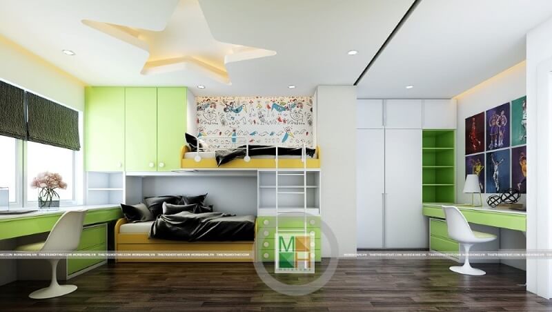 Mẫu thiết kế phòng ngủ trẻ em đáng yếu với mẫu giường tầng màu xanh độc đáo tạo điểm nhấn nổi bật cho căn phòng.