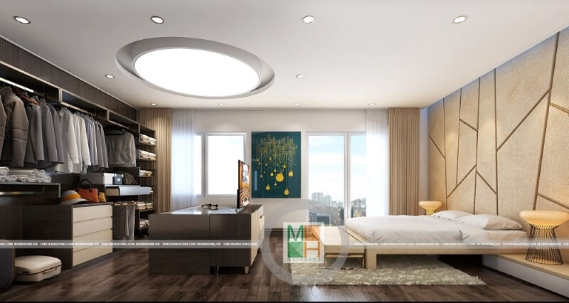 Mẫu thiết kế phòng ngủ ấn tượng cho chung cư với đồ nội thất gỗ công nghiệp cao cấp: giường ngủ gỗ, tủ quần áo âm tường, tạp đầu giường, bàn trang điểm kết hợp với trần thạch cao lông lẫy mang đến cảm giác sang trọng cho căn phòng ngủ