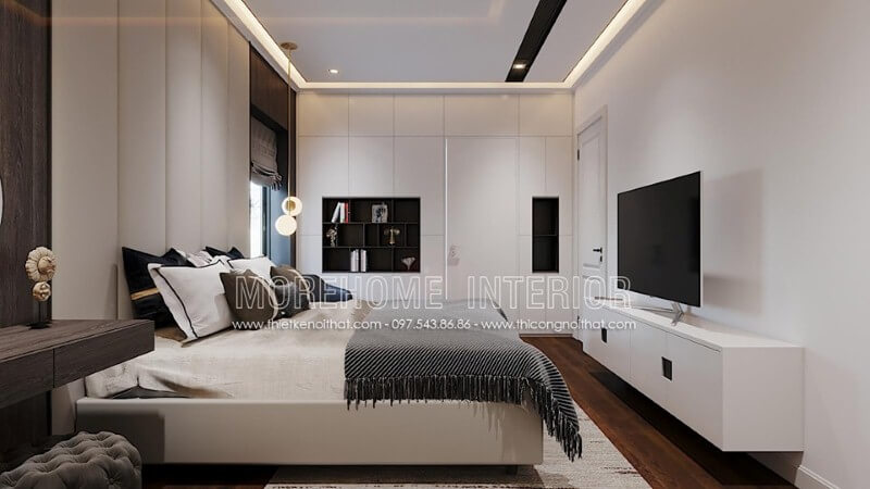 Bố trí phòng ngủ hiện đại ấn tượng với nội thất gỗ An Cường sơn trắng đẹp, sang trọng.