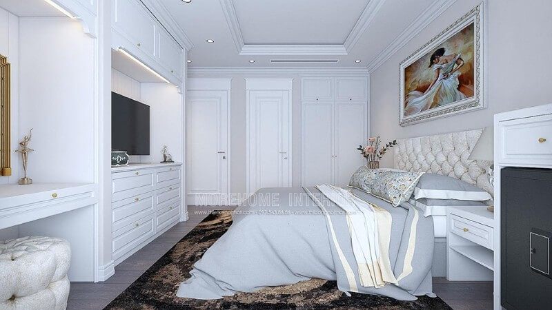 Hệ thống tủ quần áo và kệ tủ đều làm bằng gỗ sồi phun sơn trắng với những chi tiết góc cạnh tân cổ điển