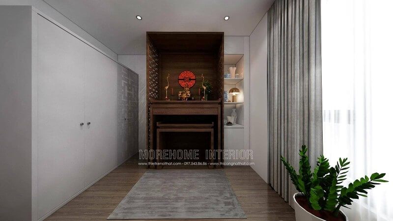 Nội thất phòng thờ được thiết kế với phong cách trang nghiêm và tôn trọng.